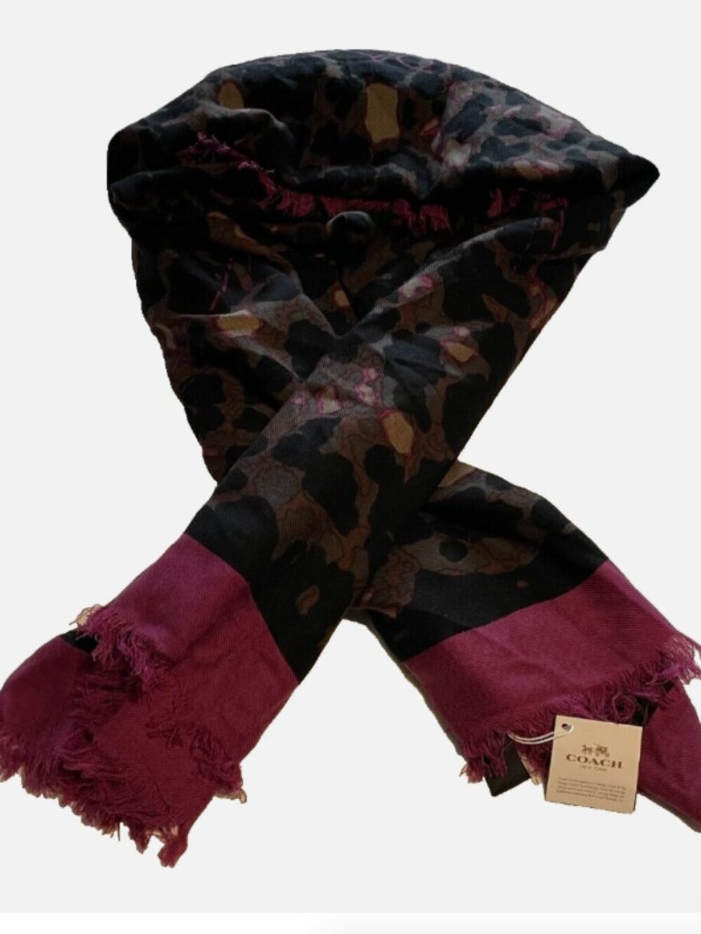 Coach Ocelot Lock Up Square Wool Scarf Black Sherry NWT